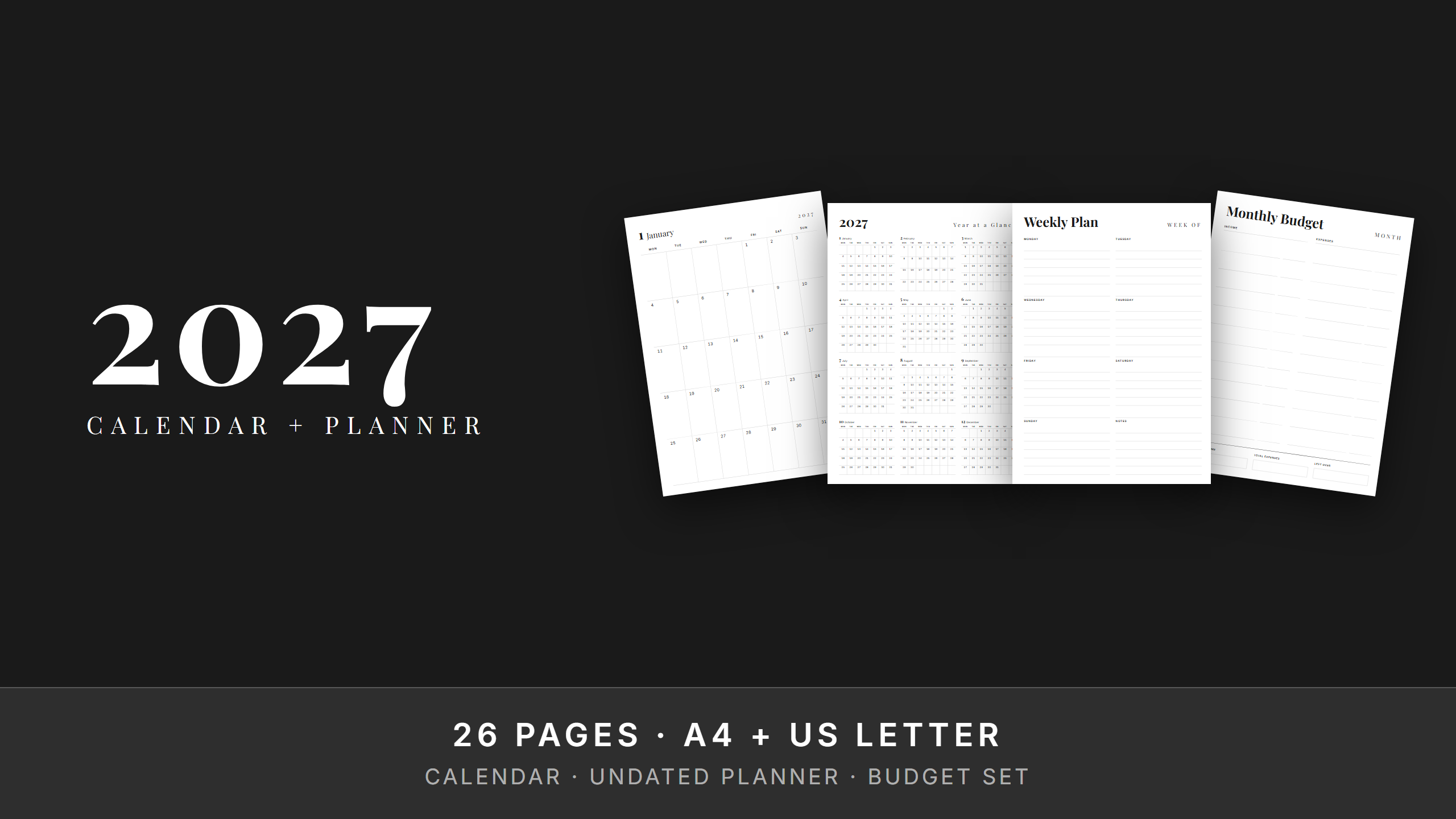 2027 Calendar + Undated Planner + Budget Bundle