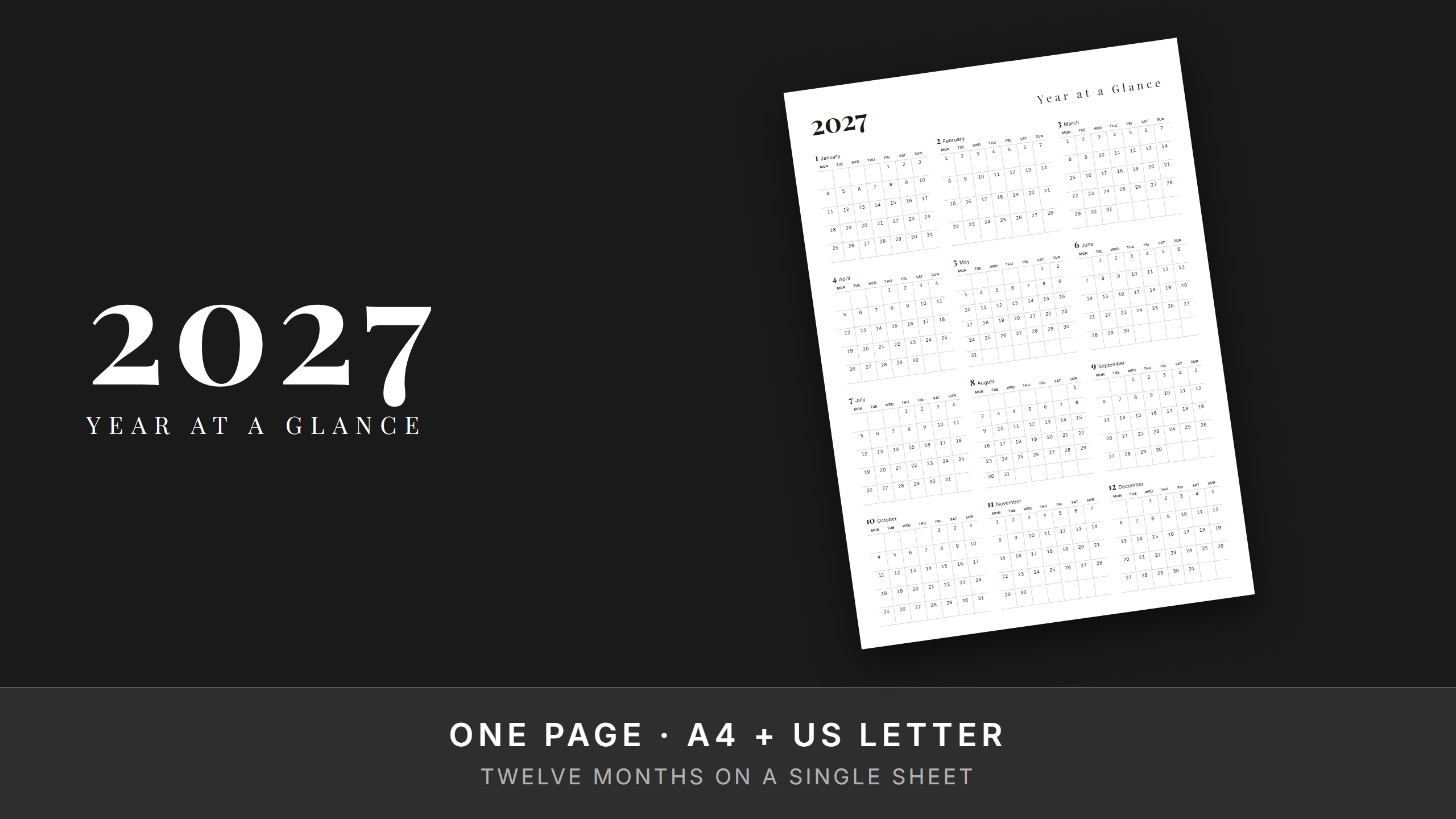 2027 Year at a Glance — Free Printable One Page Calendar