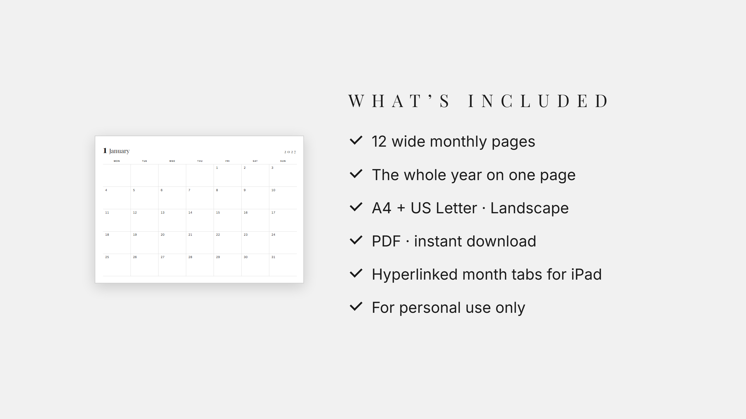 2027 Landscape Wall Calendar — Printable | A4 & US Letter Landscape