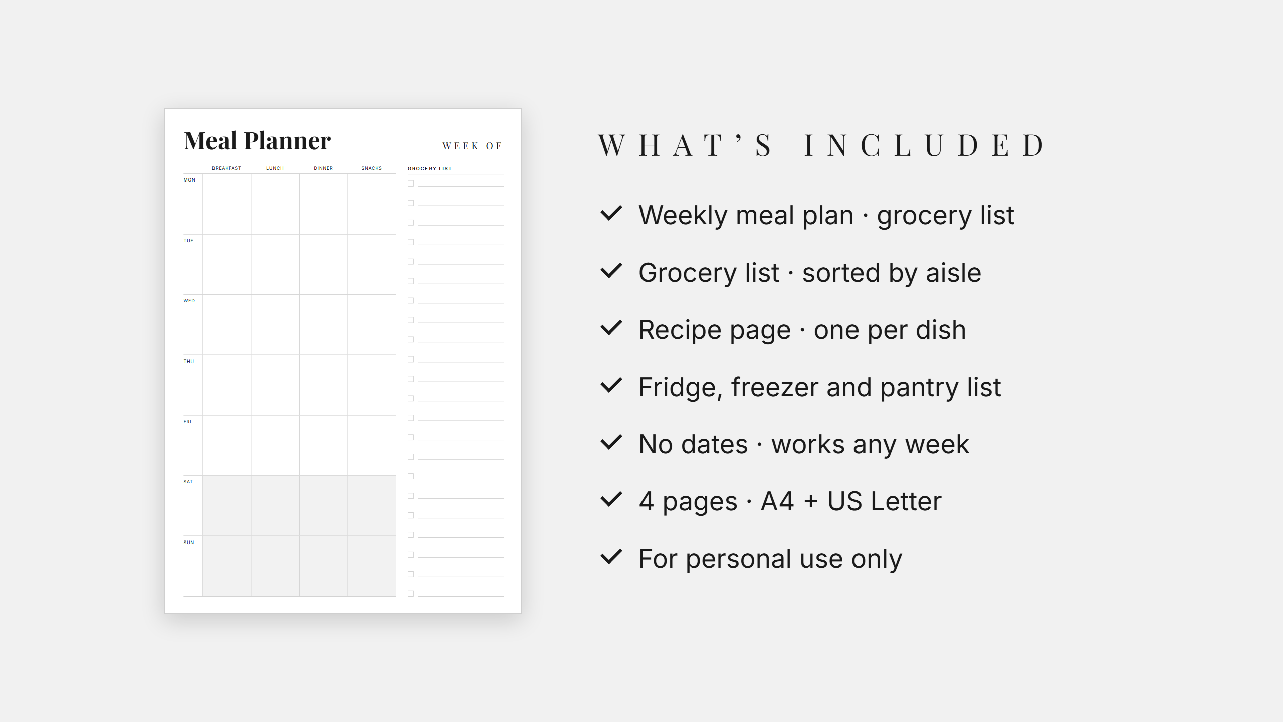 Meal Planner Set · Weekly Menu + Grocery List