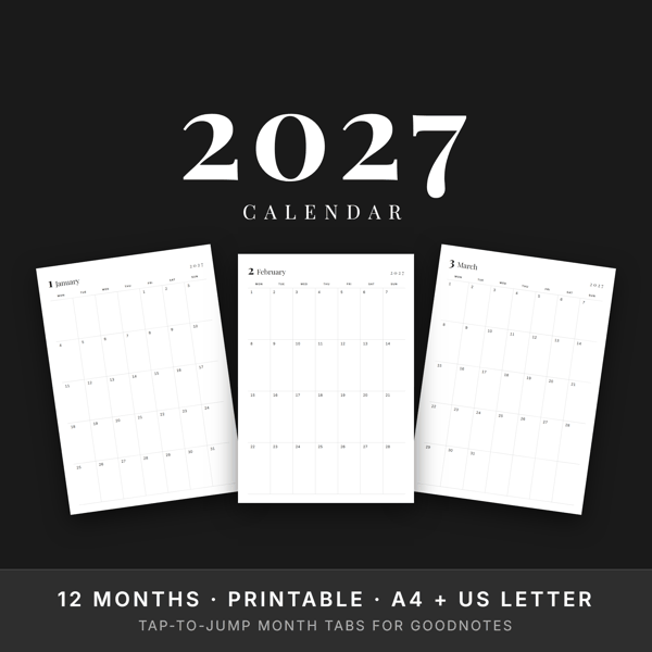 2027 Monthly Calendar — Black & White | Printable + GoodNotes | A4 & US Letter