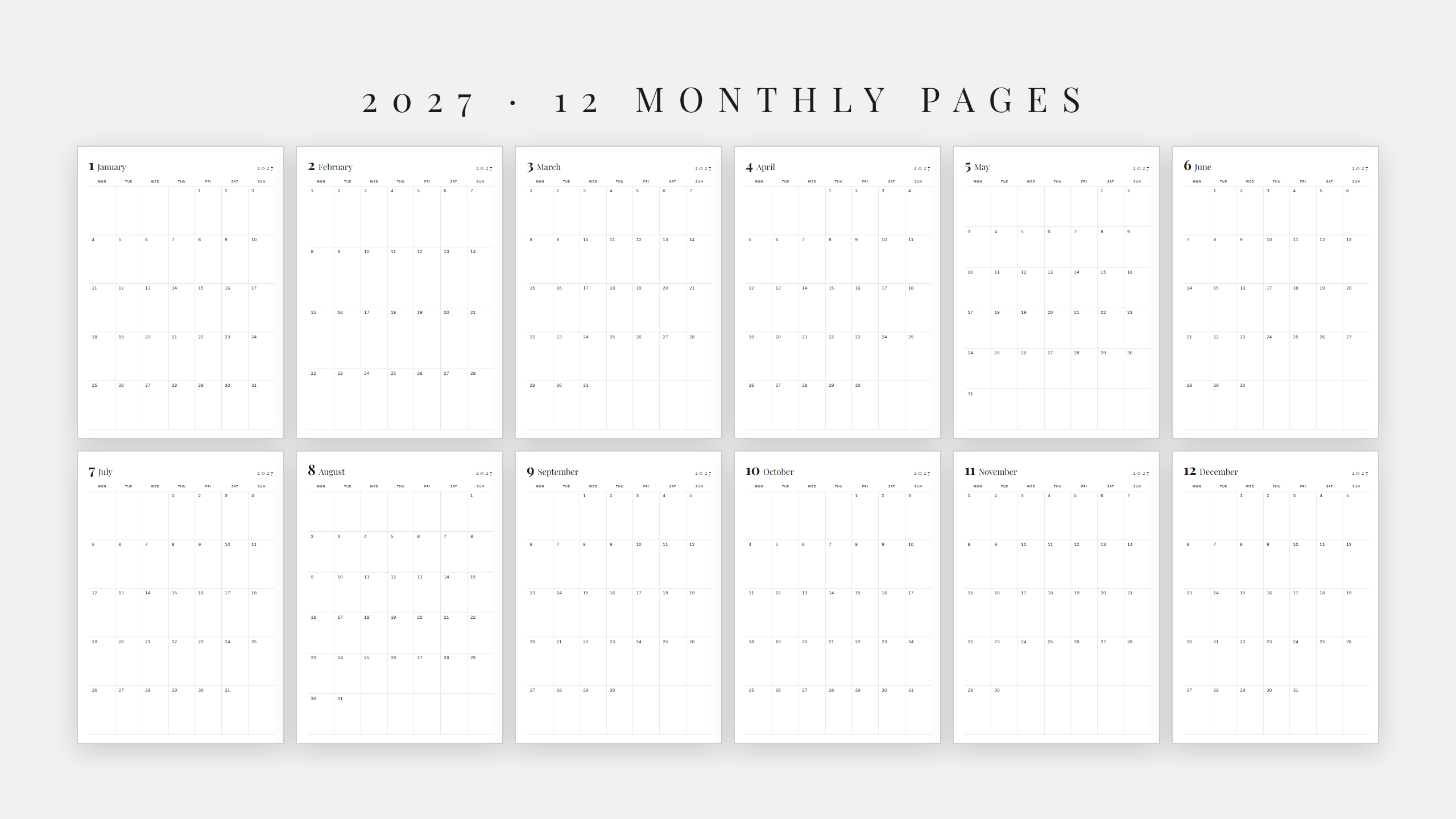 2027 Monthly Calendar — Black & White | Printable + GoodNotes | A4 & US Letter
