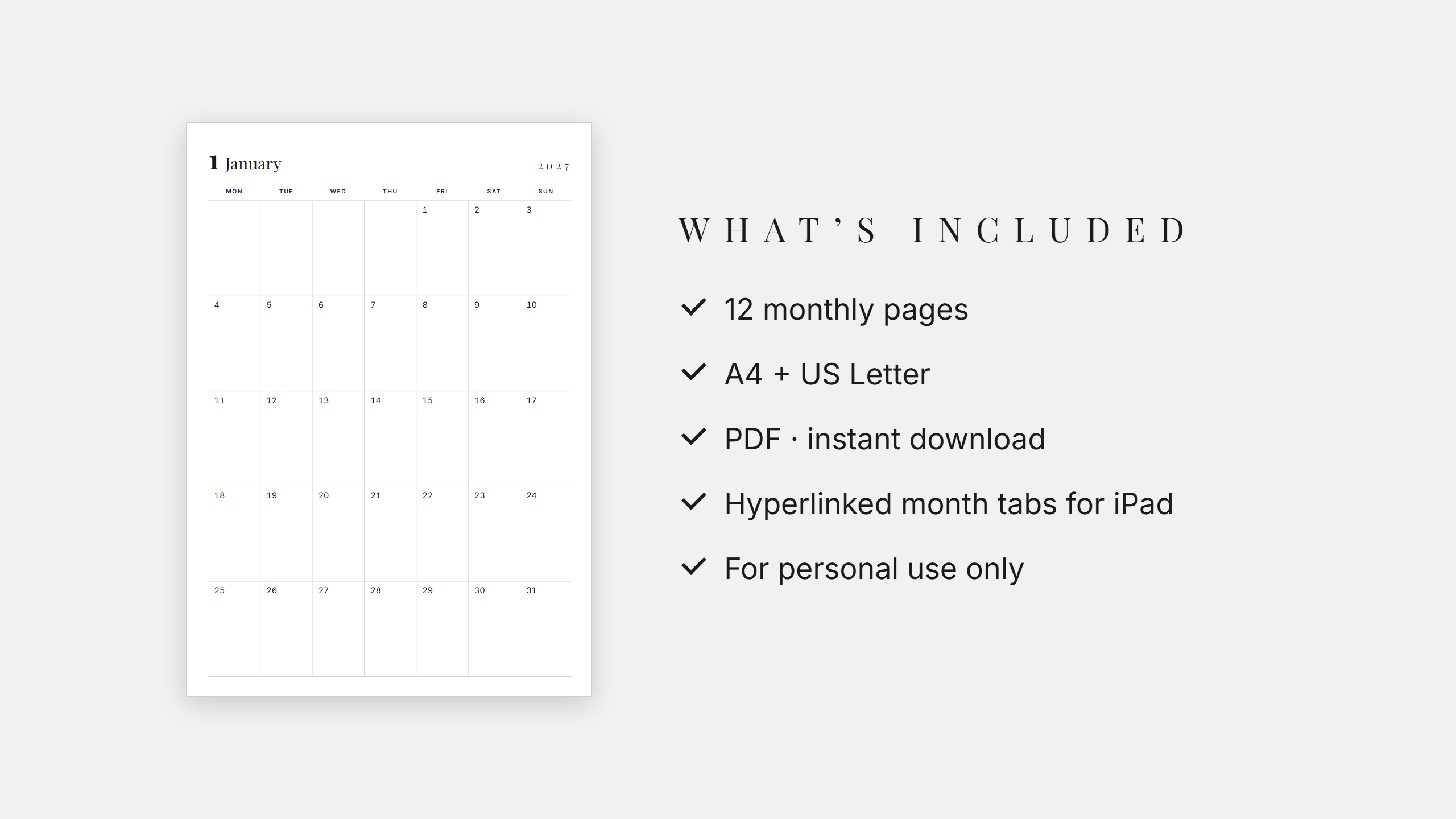 2027 Monthly Calendar — Black & White | Printable + GoodNotes | A4 & US Letter