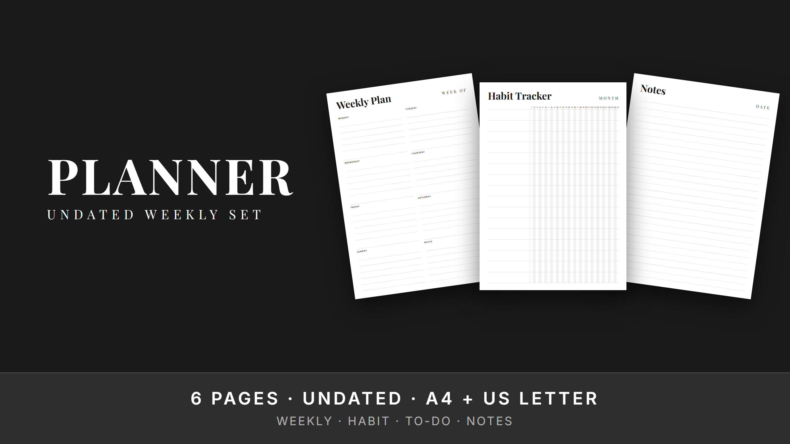 Undated Weekly Planner Set · Habit Tracker, To-Do, Notes