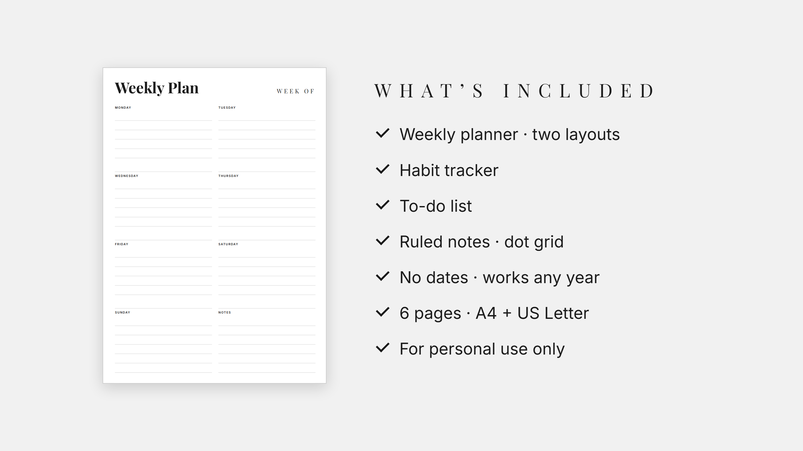 Undated Weekly Planner Set · Habit Tracker, To-Do, Notes