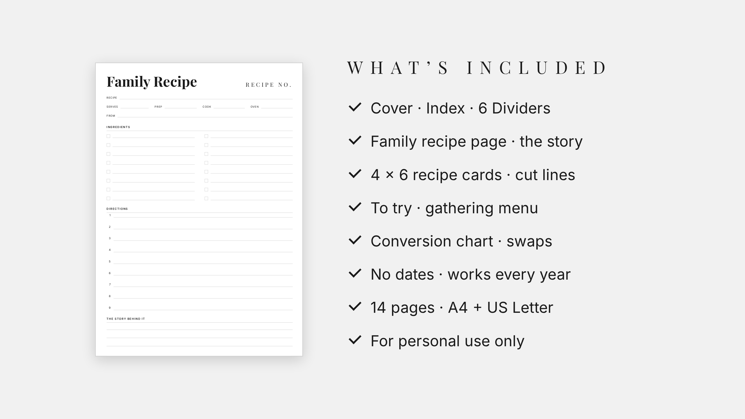 Family Recipe Binder · Printable Recipe Pages + 4x6 Cards