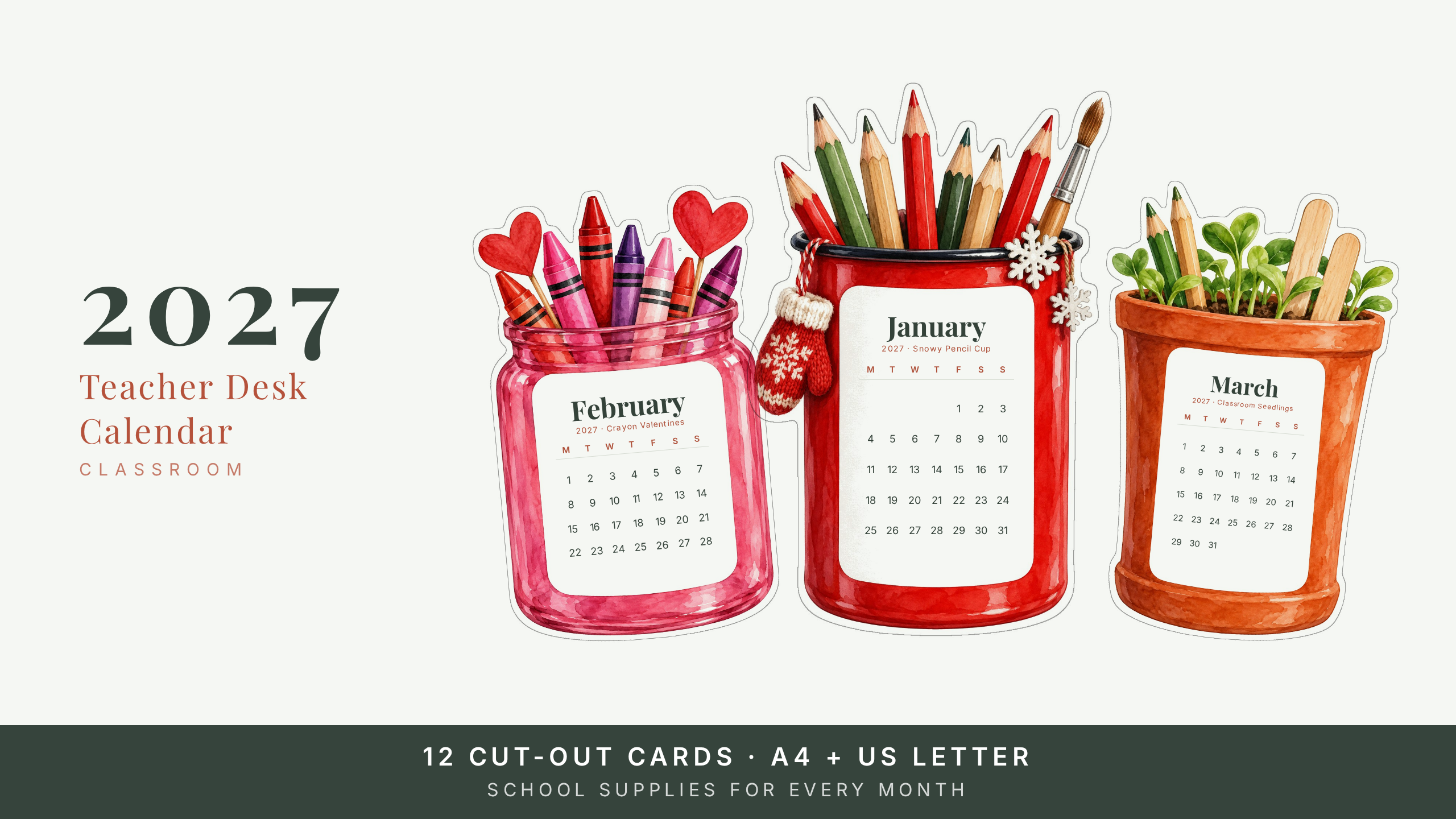 2027 Teacher Desk Calendar — Cozy Watercolor Classroom | Printable Cut-Out Cards