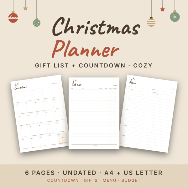 Christmas Planner Set — Cozy Ornaments · Gift List + Countdown