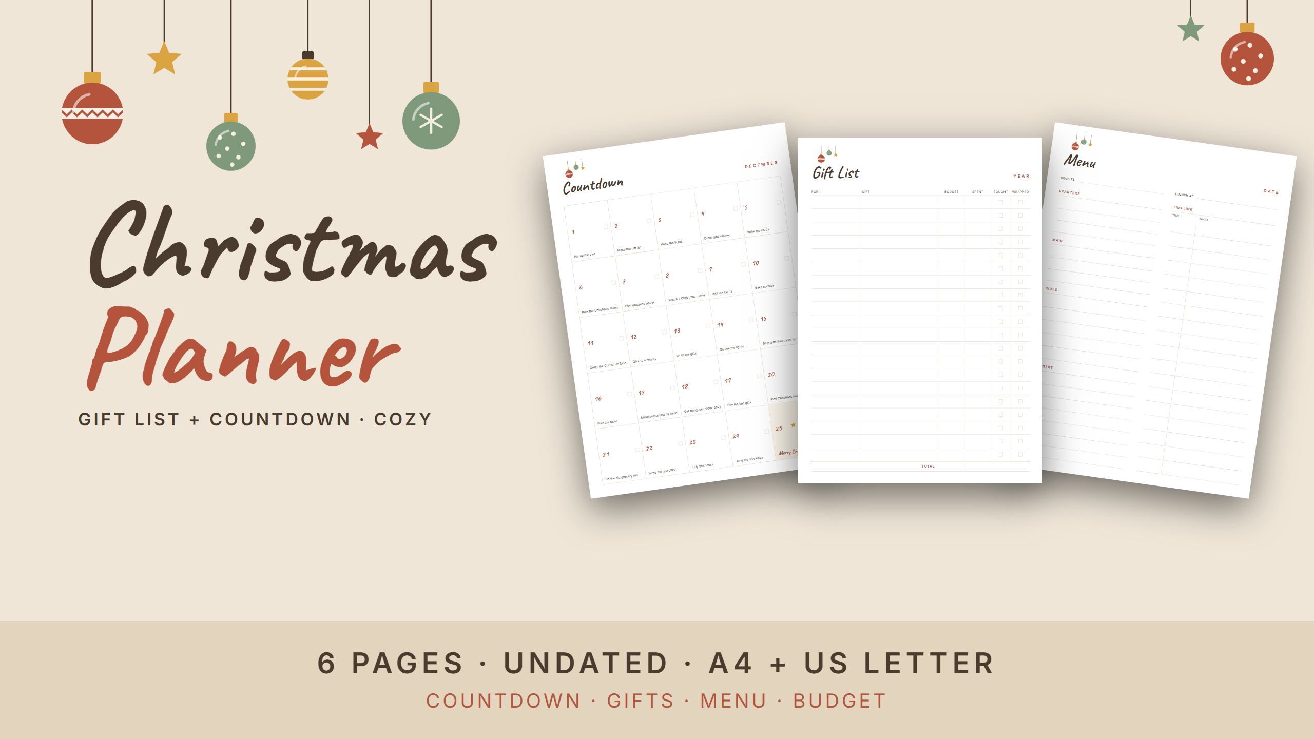 Christmas Planner Set — Cozy Ornaments · Gift List + Countdown