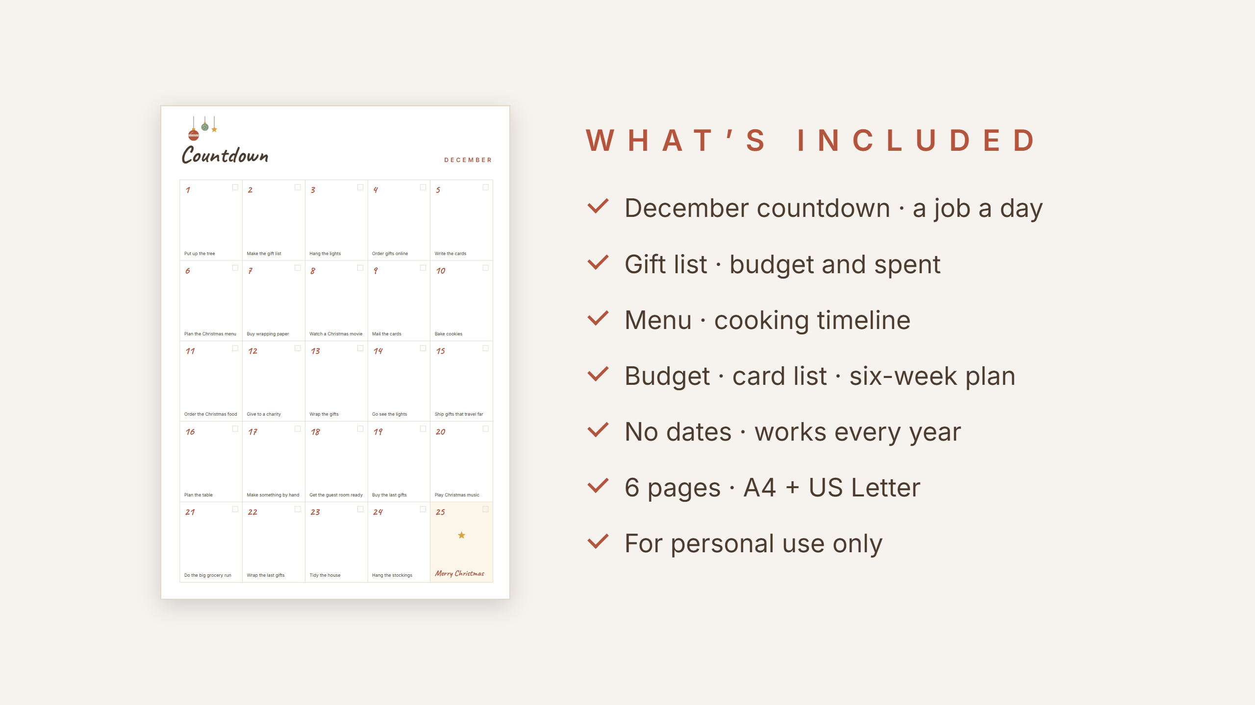 Christmas Planner Set — Cozy Ornaments · Gift List + Countdown
