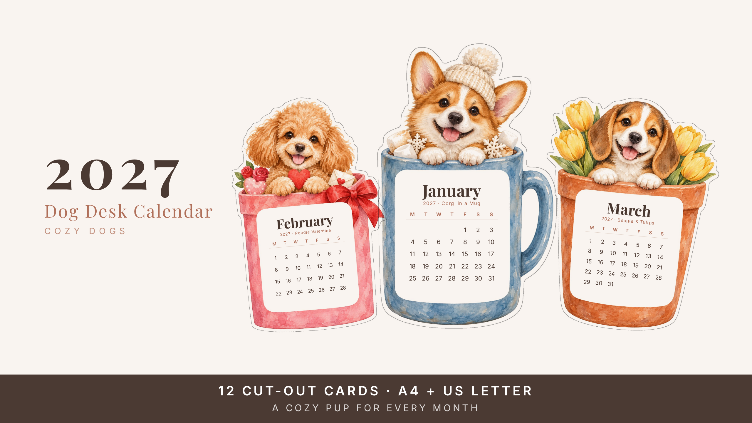 2027 Dog Desk Calendar — Cozy Watercolor Pups | Printable Cut-Out Cards