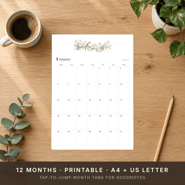 2027 Monthly Calendar — Vintage Botanical | Printable + GoodNotes | A4 & US Letter