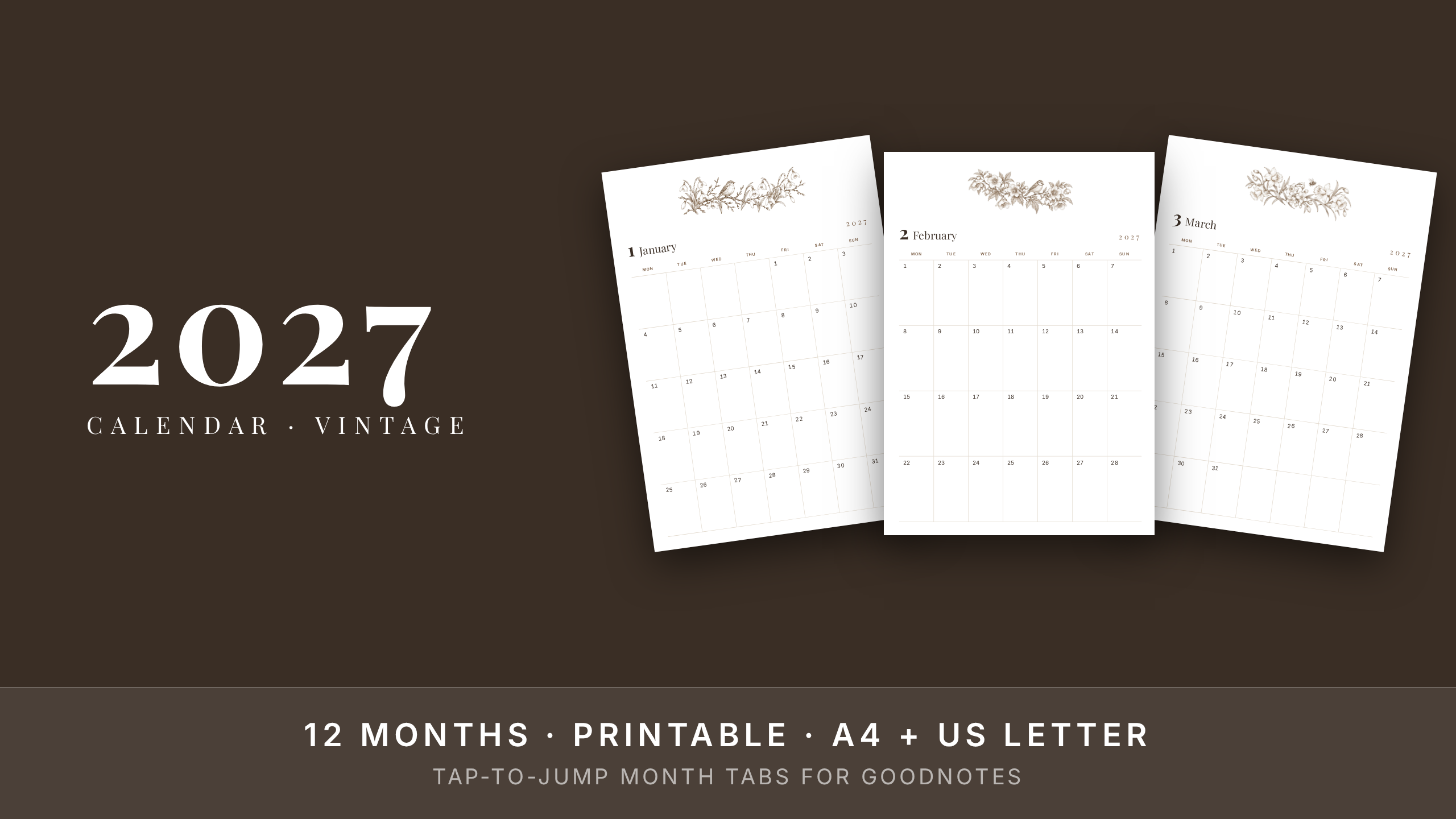 2027 Monthly Calendar — Vintage Botanical | Printable + GoodNotes | A4 & US Letter