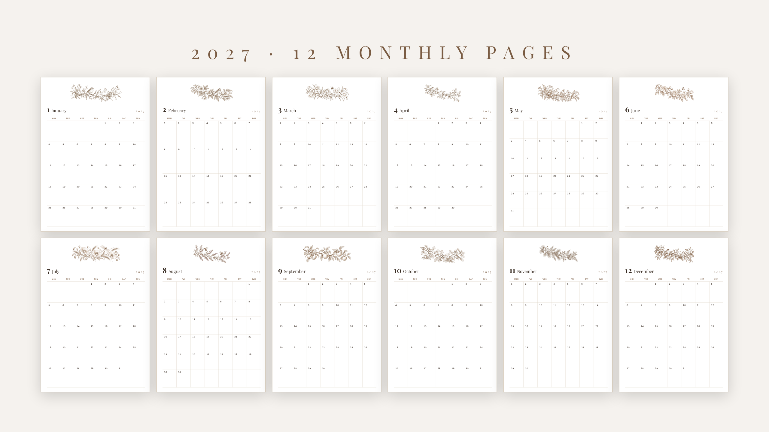 2027 Monthly Calendar — Vintage Botanical | Printable + GoodNotes | A4 & US Letter