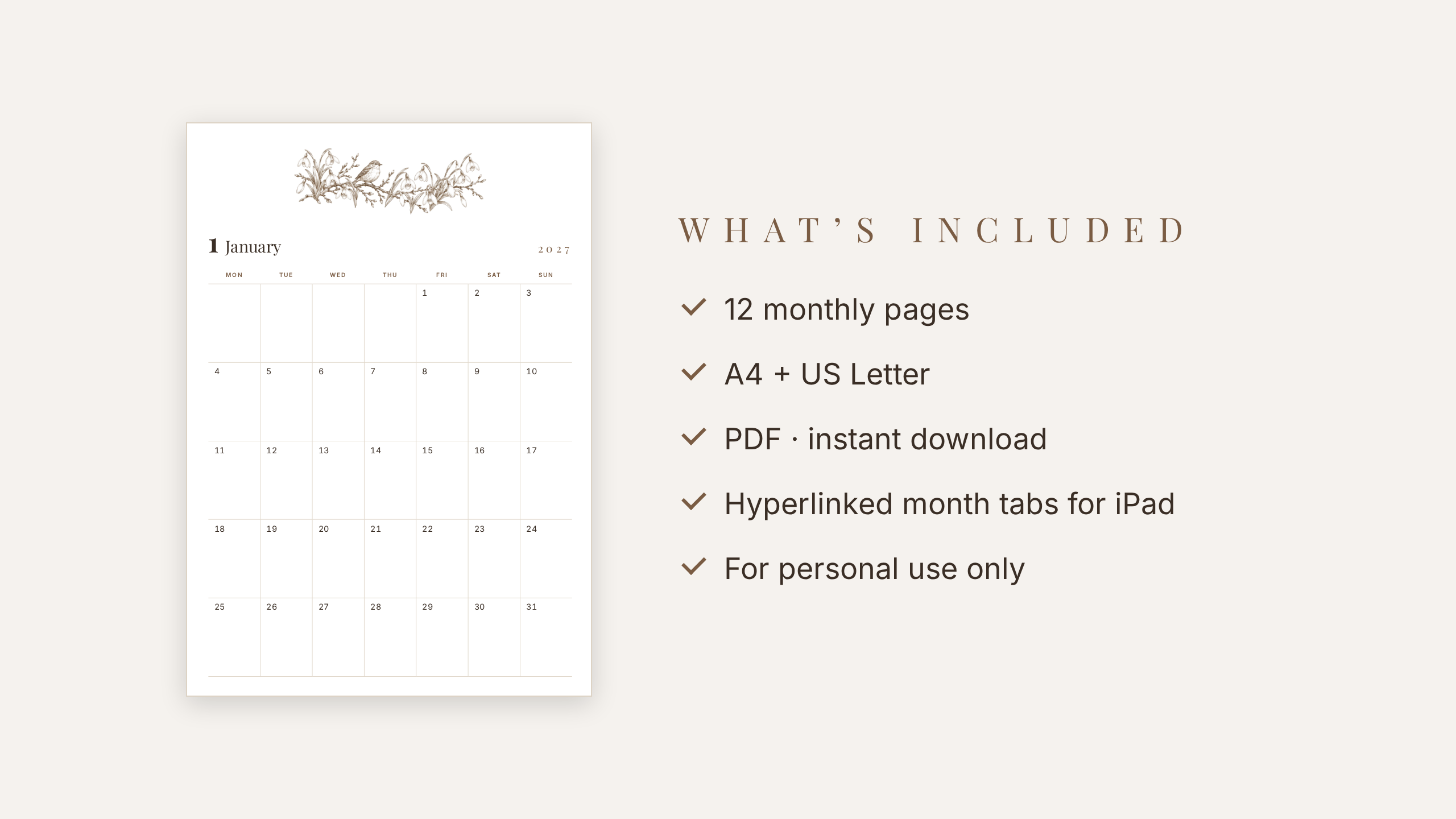 2027 Monthly Calendar — Vintage Botanical | Printable + GoodNotes | A4 & US Letter