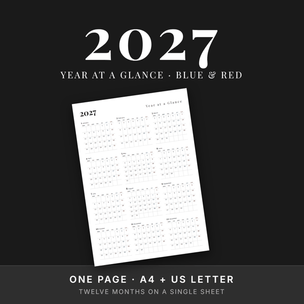 2027 Year at a Glance — Free Printable Calendar, Blue & Red Weekends