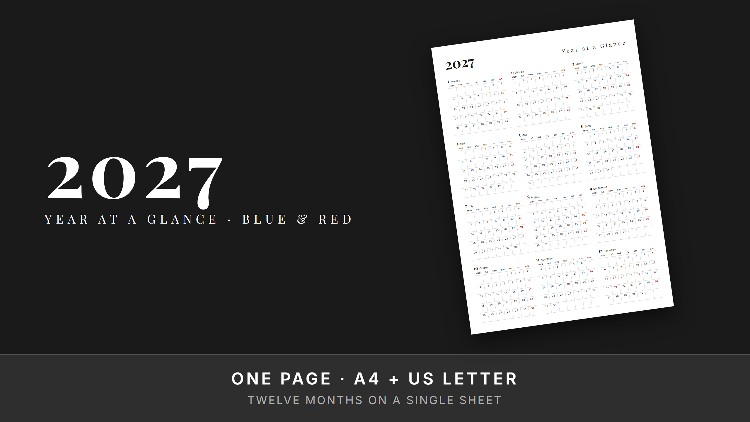 2027 Year at a Glance — Free Printable Calendar, Blue & Red Weekends