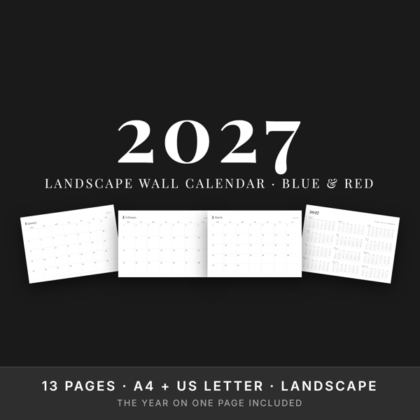 2027 Landscape Wall Calendar — Blue & Red Weekends | Printable | A4 & US Letter Landscape