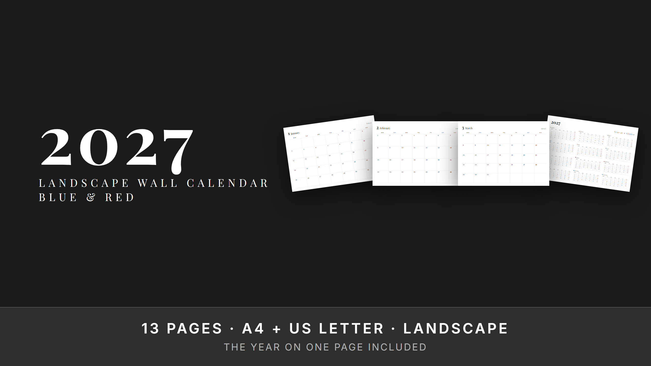 2027 Landscape Wall Calendar — Blue & Red Weekends | Printable | A4 & US Letter Landscape
