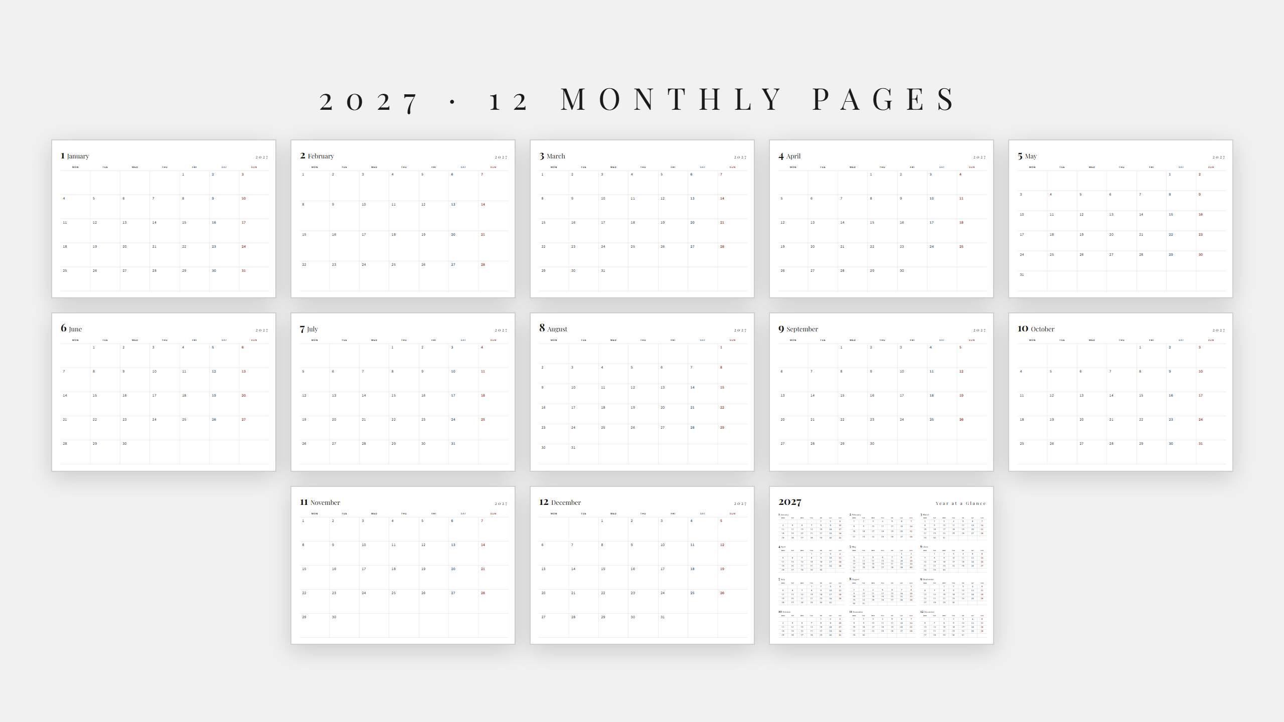 2027 Landscape Wall Calendar — Blue & Red Weekends | Printable | A4 & US Letter Landscape