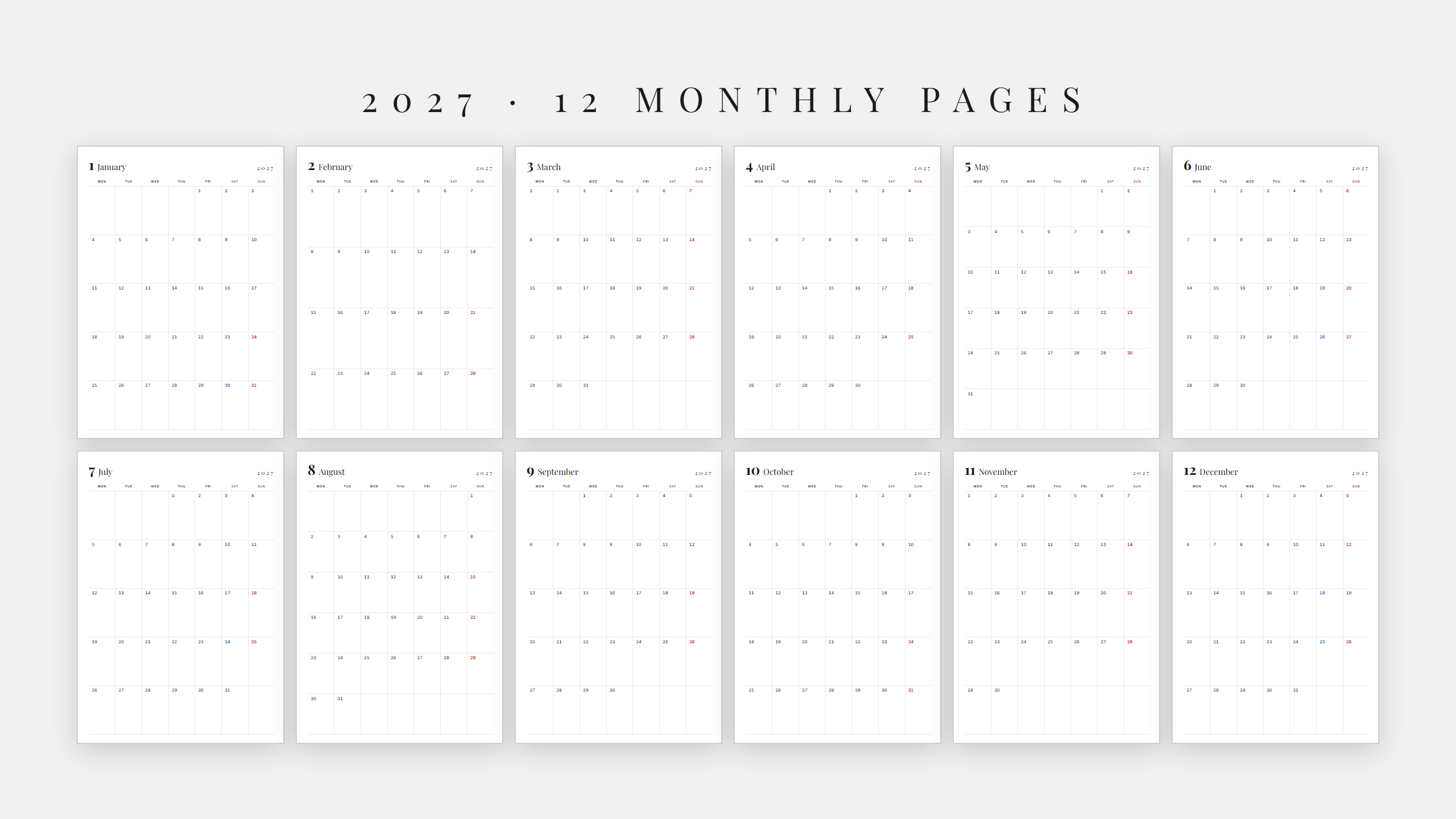 2027 Monthly Calendar — Blue & Red Weekends | Printable + GoodNotes | A4 & US Letter
